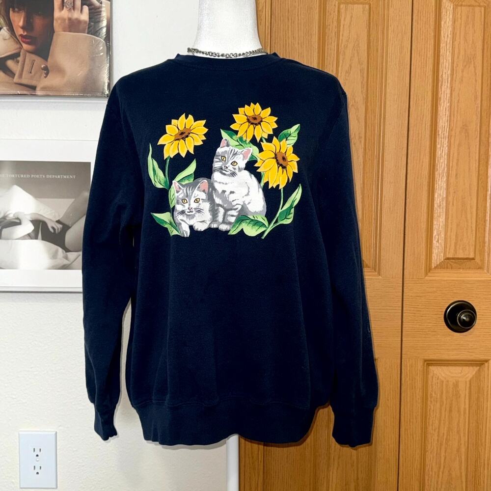 VTG Blair Sweatshirt Womens Navy Blue Kitten Sunflower Graphic Crewneck Medium